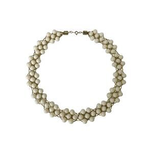 1990s Trifari Off-White Beads Gold Plated Woven Beaded Ladylike Choker Necklace